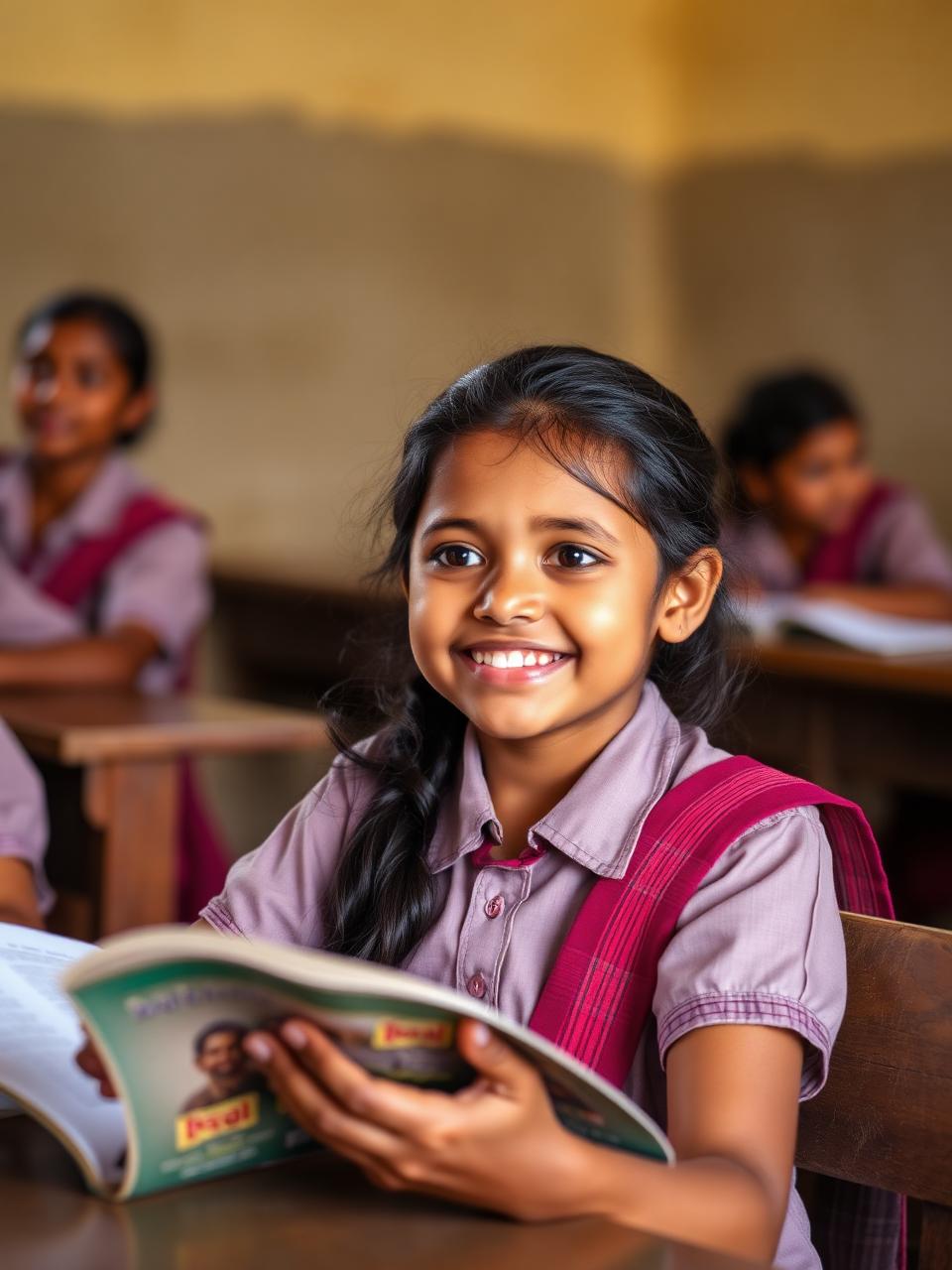 An Indian schoolgirl reading at her desk
