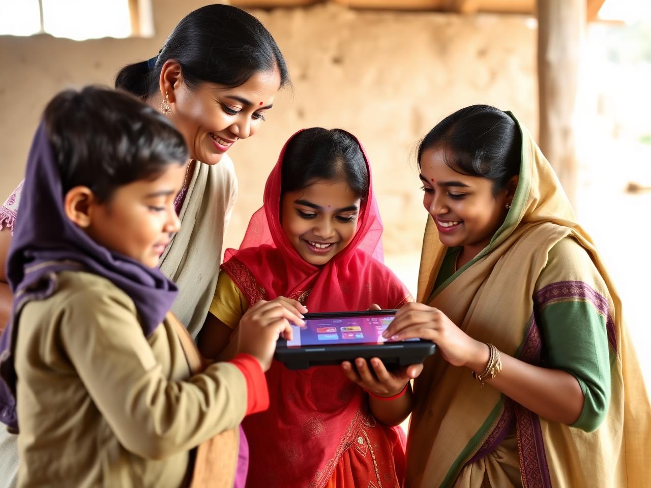 Children learning on a tablet with a teacher
